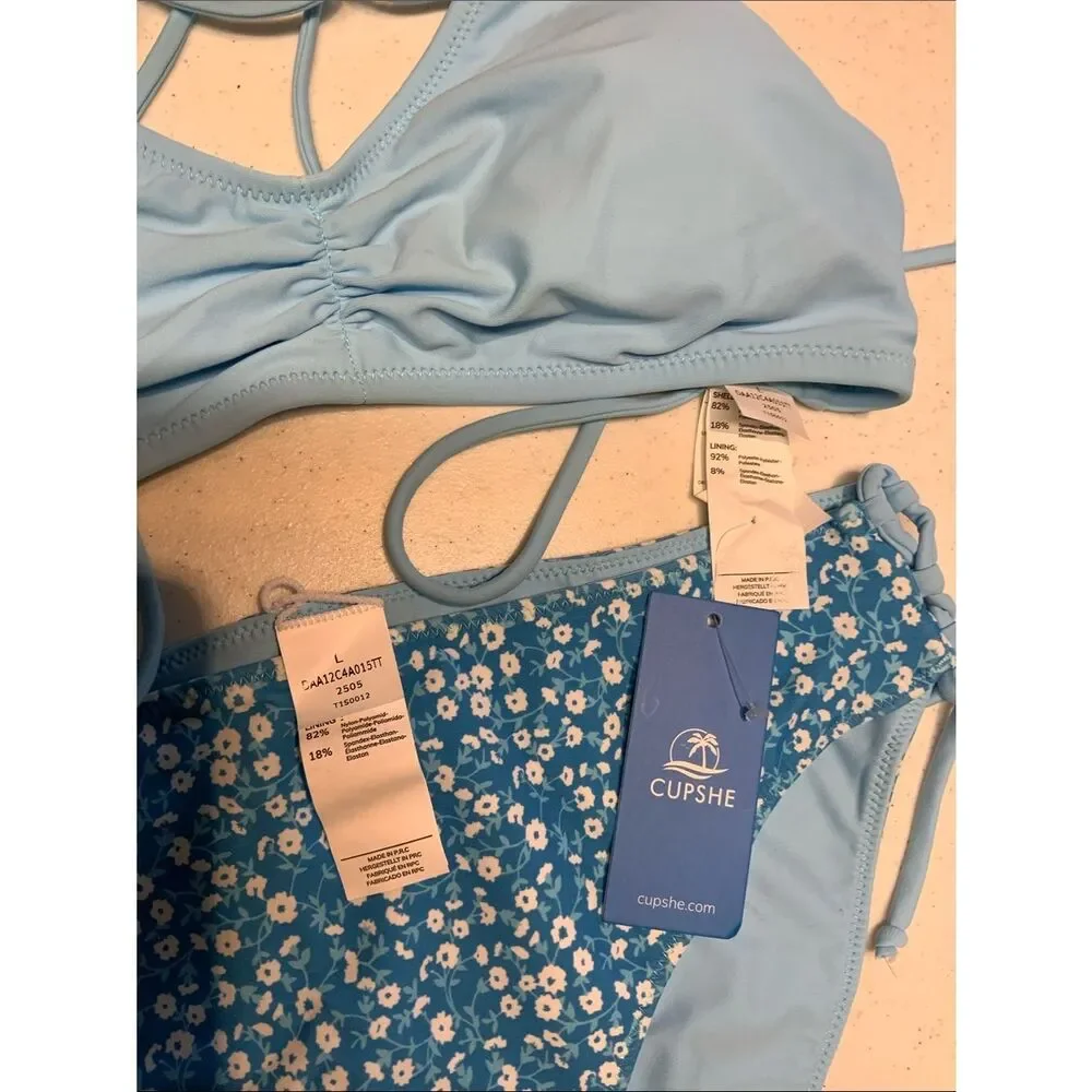 NWT‎ Lrg CUPSHE Women's 2 PC  Bikini Back Braided Straps with Reversible Bottom